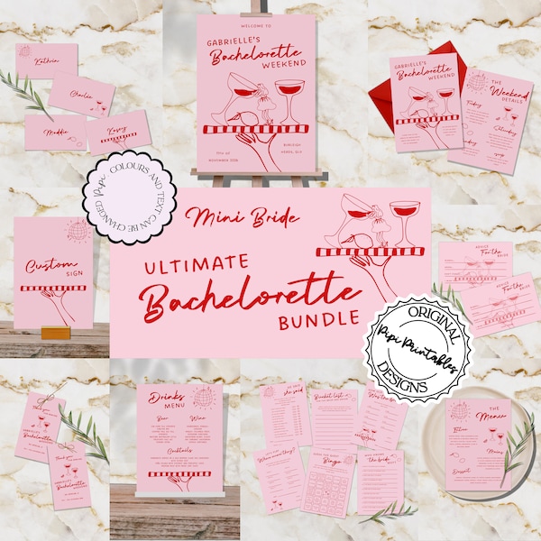 Bachelorette Party Templates Bundle Hand Drawn Pink + Red Scribble Illustrations Bridal Shower Stationery Fun Illustrated Hens Party Decor 7