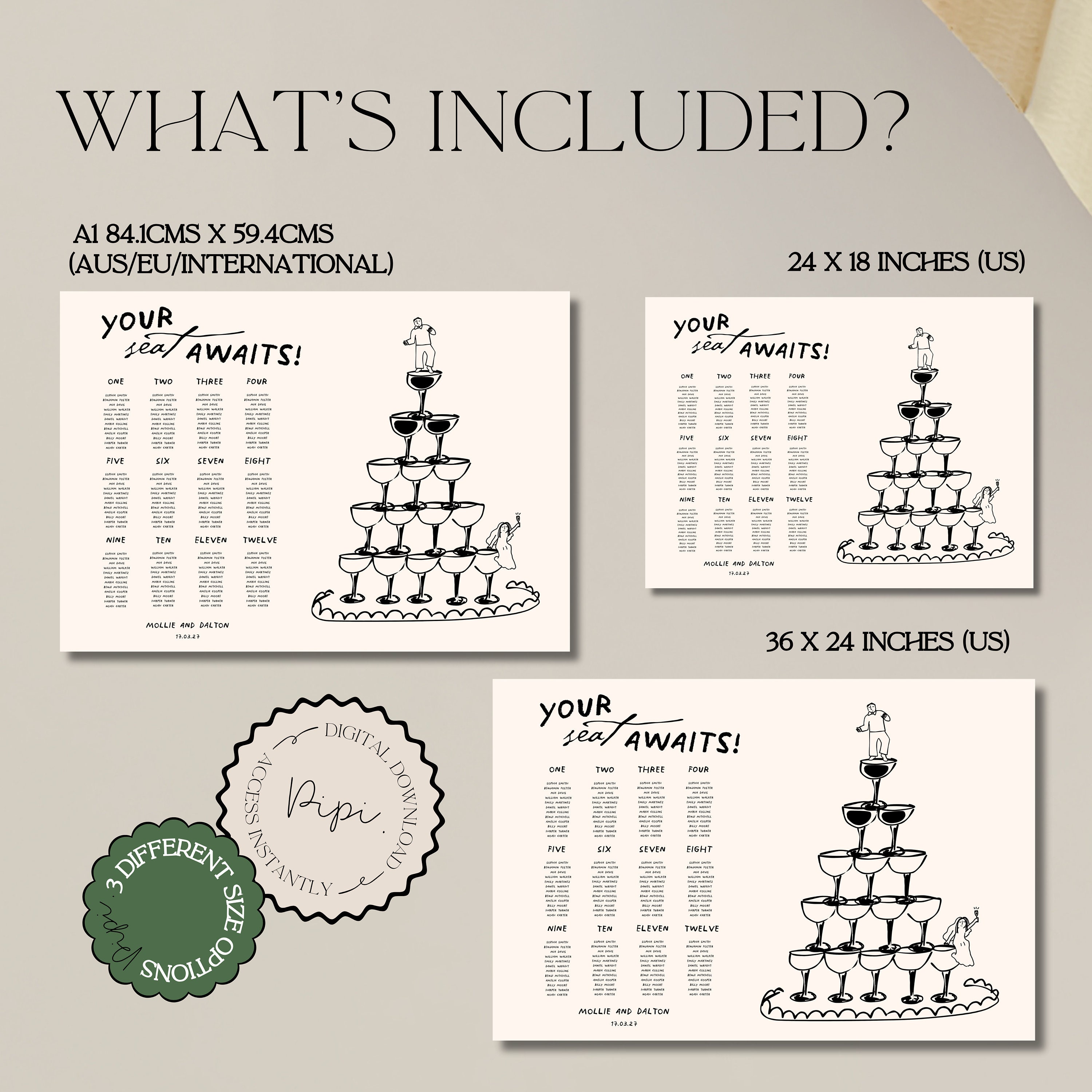 Wedding Seating Chart Template Fun Hand Drawn Champagne Tower Cute ...