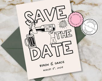 Modello di invito scritto a mano per la data, illustrazione scarabocchiata, biglietti di auguri per la data stampabili, inviti per matrimoni, divertenti e carini, per la data 9n