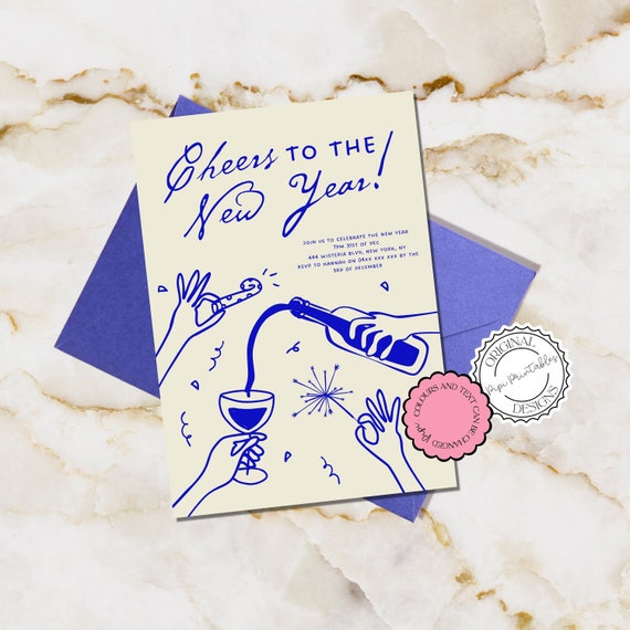 New Years Party Invitation Template Scribble Illustration Cheers To The New Year Cocktail New Years Eve Invites Hand Drawn Retro Illustrated
