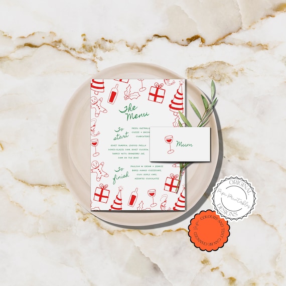 イラスト入りクリスマスパーティーメニューと席札テンプレート
