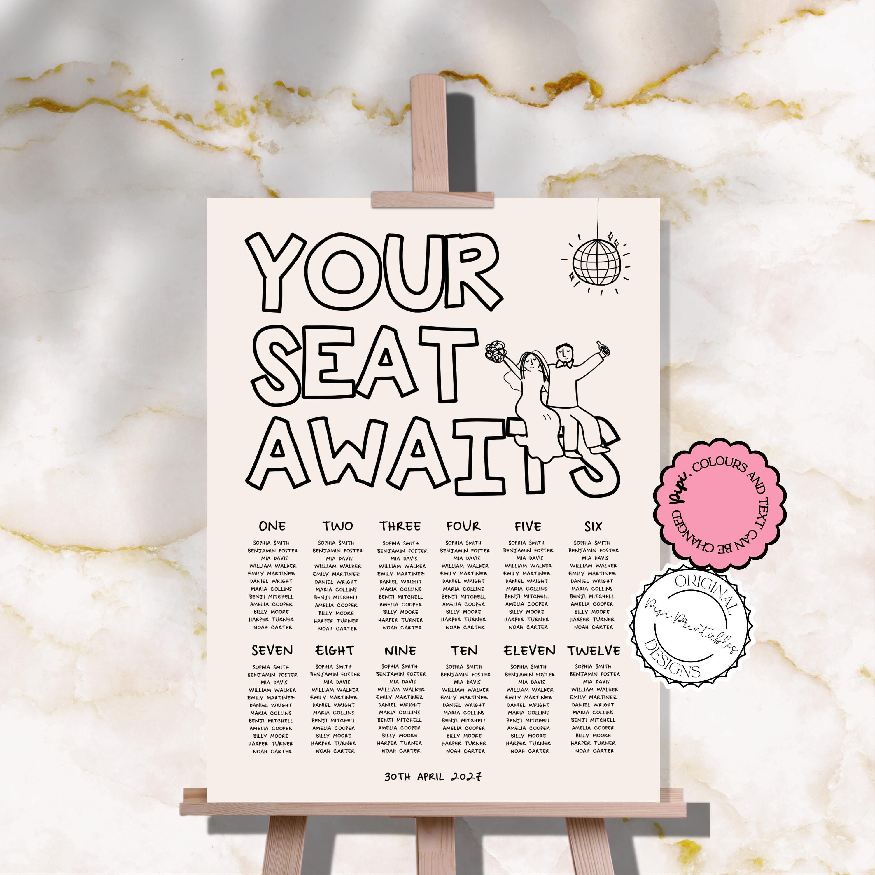 Wedding Seating Chart Template Fun Hand Drawn Champagne Tower Cute ...