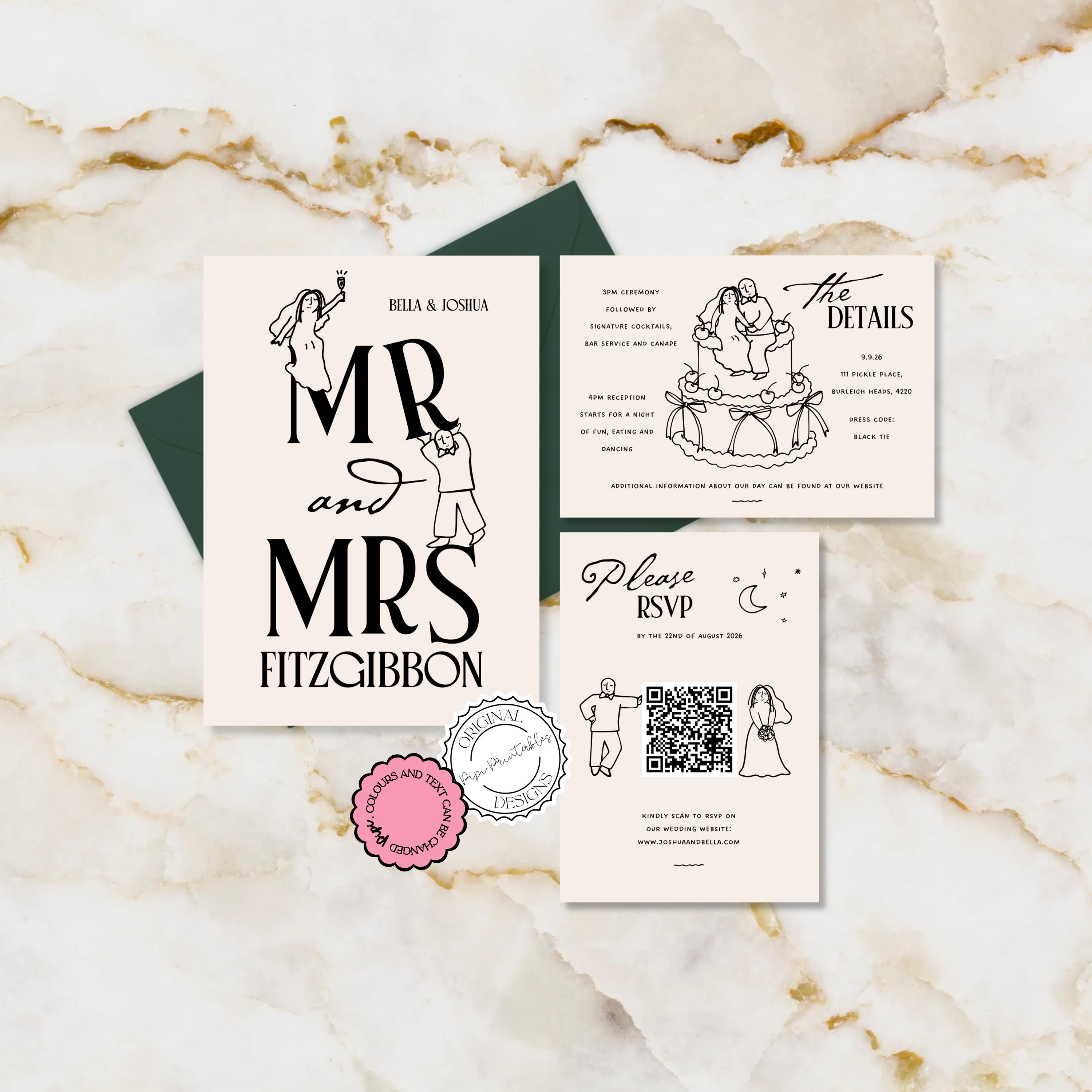 Hand Drawn Wedding Invitation Suite Template Cute People Scribble ...