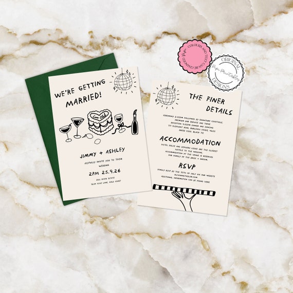 手描きの結婚式招待状テンプレート 楽しいユニークな落書きイラスト