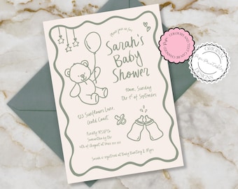 Handritad mall för babyshowerinbjudan Vågiga gröna könsneutrala babyströsselinbjudningar Nyckfulla söta roliga illustrerade babyshowerinbjudningar