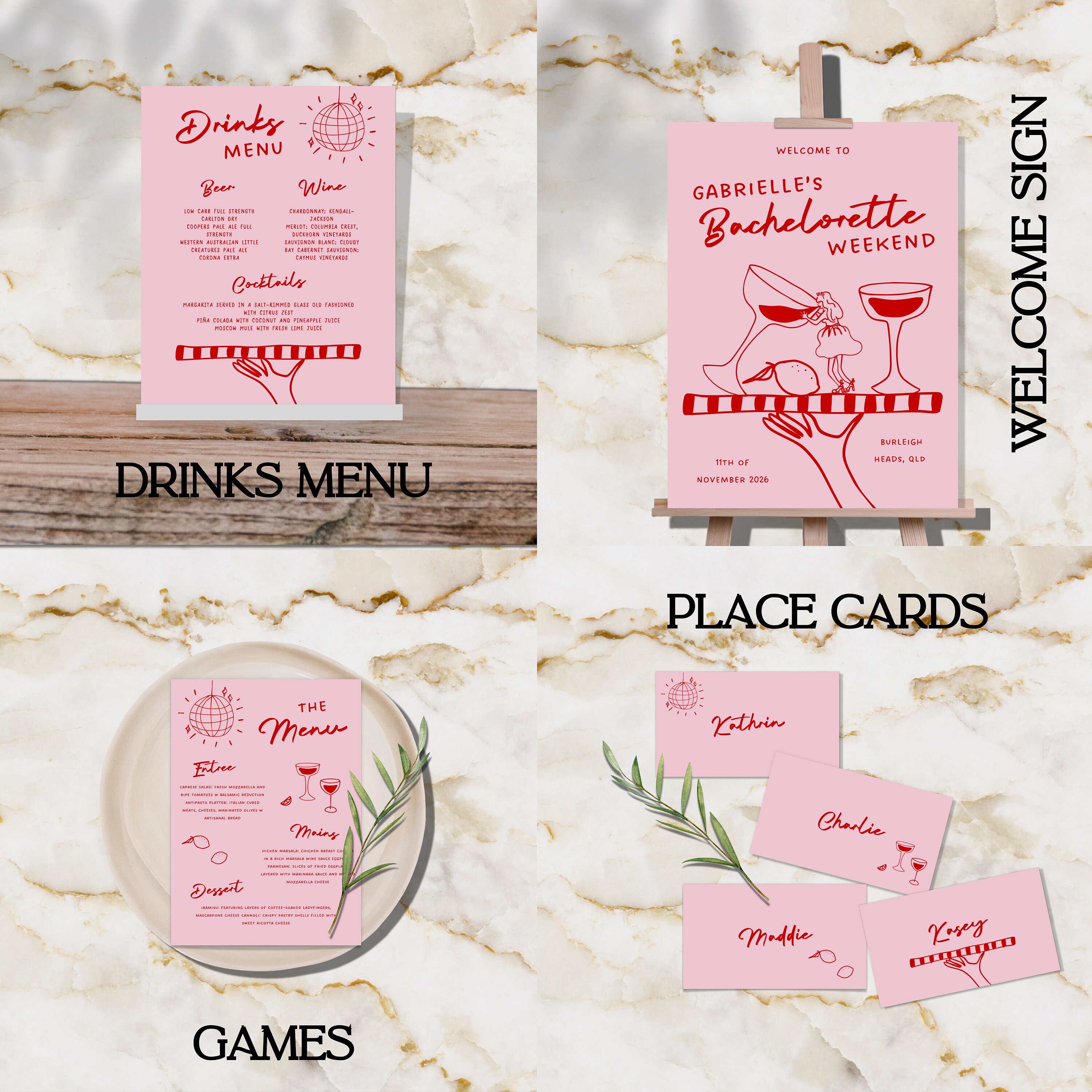 Bachelorette Party Templates Bundle Hand Drawn Pink + Red Scribble ...