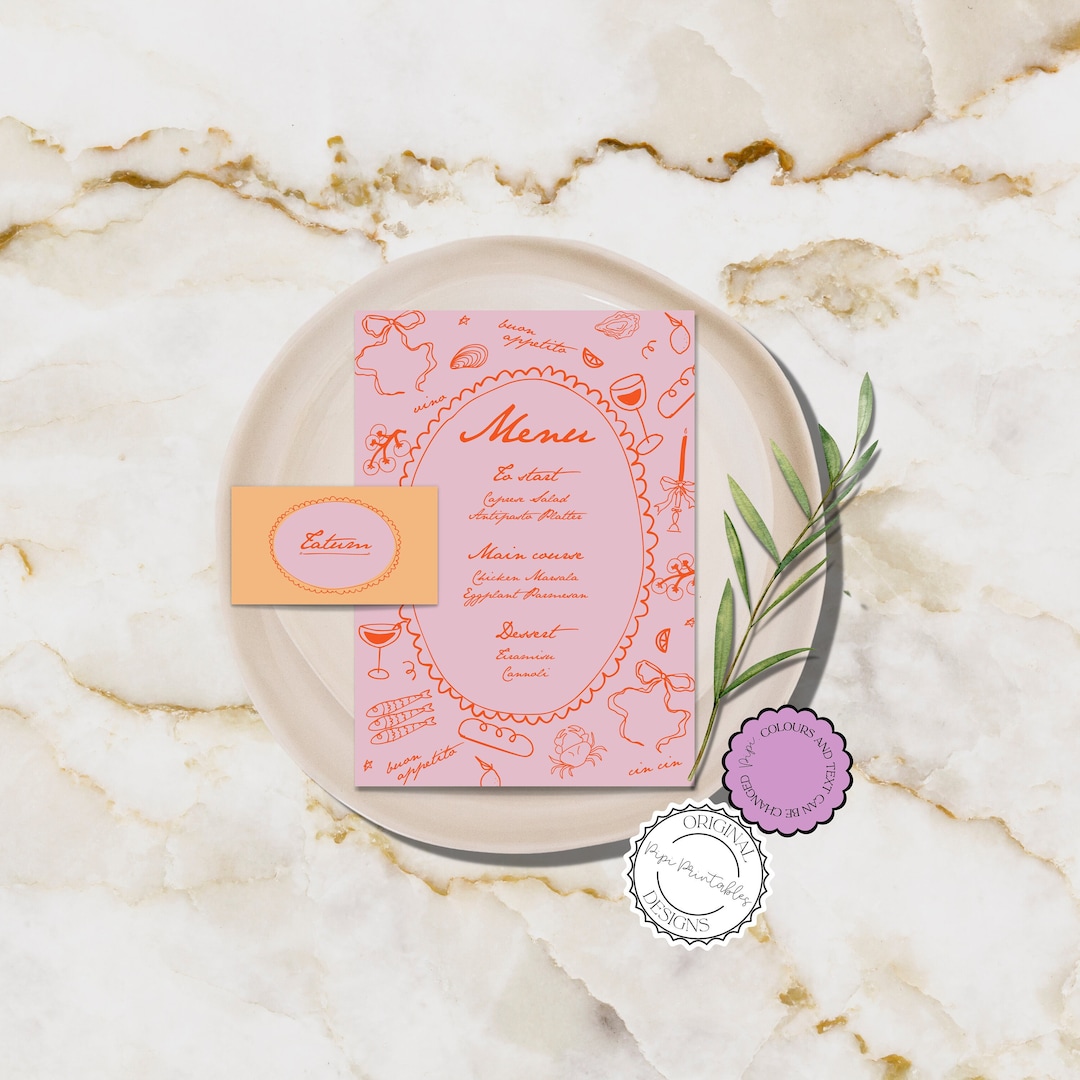 Menu + Place Card Template Scribble Illustration Dinner Party ...