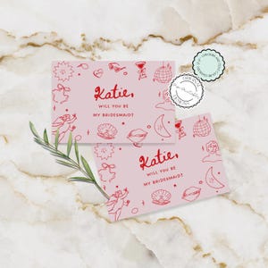 Plantilla de tarjeta de propuesta de dama de honor ilustrada Ilustraciones con garabatos Lazo Propuesta de dama de honor Regalos para dama de honor Dama de honor escrita a mano