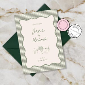 Modèle d'invitation à réserver une date, illustrations de gribouillis dessinés à la main, mariage illustré, mignon, fantaisiste, cartes "retenez notre date" à rayures vertes L3