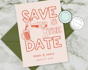 Fun Save The Date Invitation Template Hand Drawn Beer Illustration Colorful Illustrated Brewery Wedding Save Our Date Card Save The Dates 9n