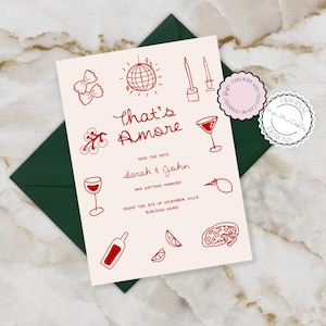 Modèle d'invitation à réserver une date Illustrations That's Amore dessinées à la main Cartes "Retenez nos dates" de mariage illustrées fantaisistes