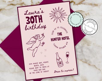 Illustrated 30th Birthday Invitation Template Colorful Hand Drawn Party Invites