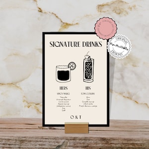 Bebidas exclusivas Plantilla de signo Dinero viejo Ilustraciones de garabatos dibujadas a mano Menú de cócteles de boda Cócteles personalizados ilustrados Signo de bar 90s