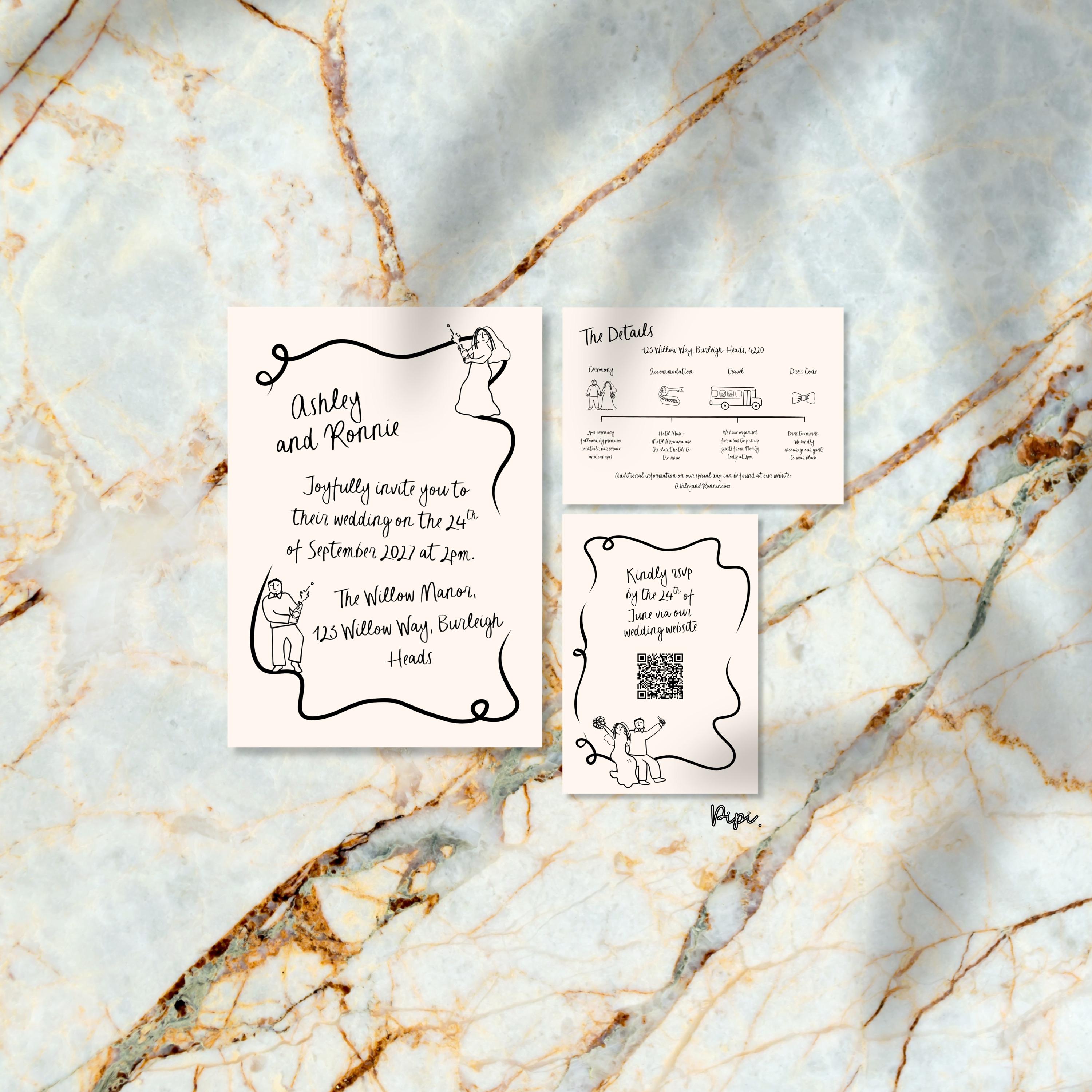 手描きの結婚式招待状スイートテンプレートかわいい人々の落書き