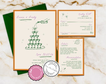 Plantilla de invitación de boda ilustrada Plantilla de invitación de boda con torre de champán Ilustración de garabatos Invitación de boda RSVP Escrita a mano 08