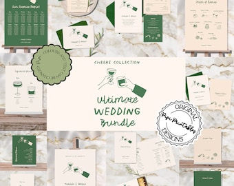 Wedding Day Templates Bundle Hand Drawn Peach Green Scribble Illustrations Wedding Stationery Illustrated Wedding Package Printable Decor i9