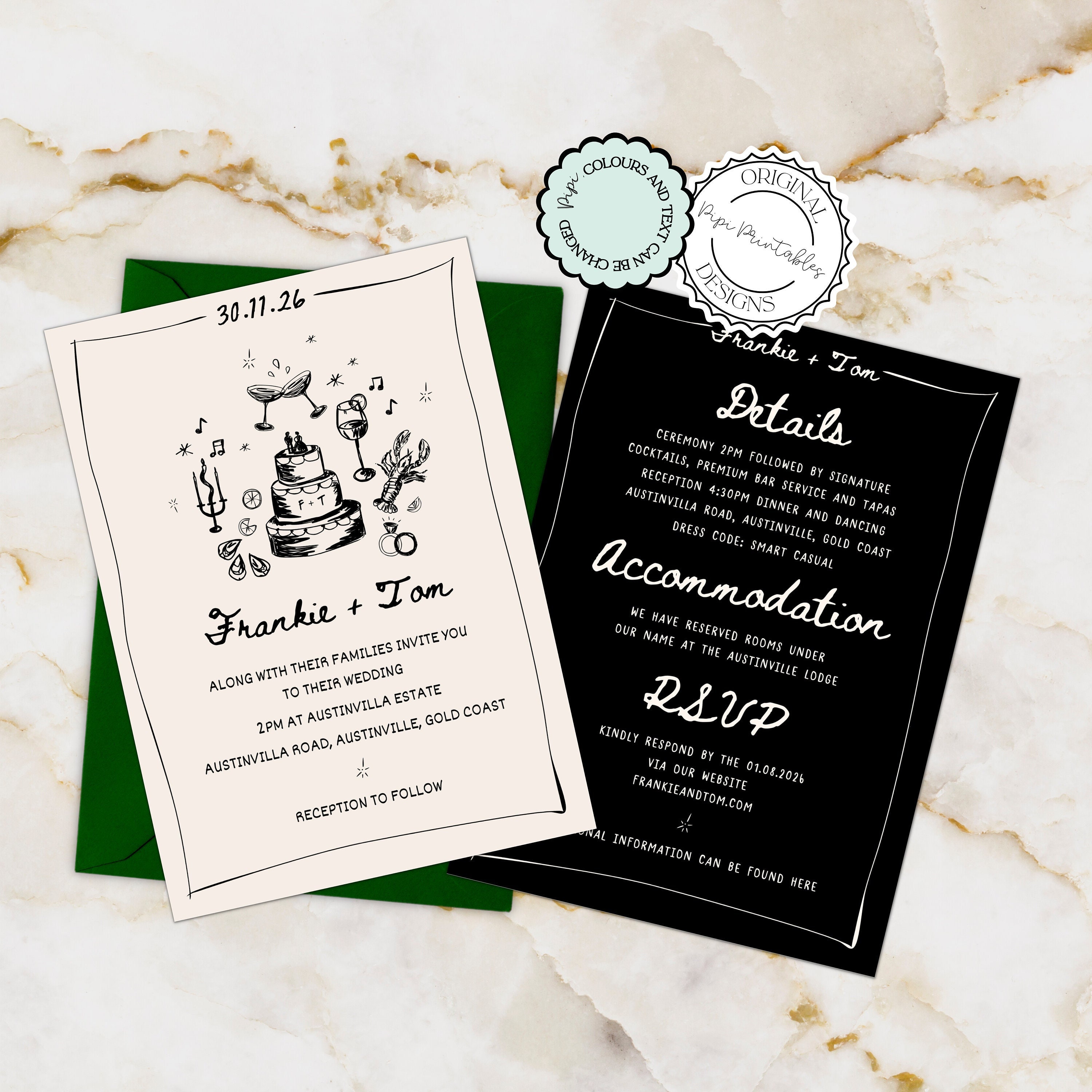 Printable Scribble Illustrated Wedding Invitation Handwritten Wedding Invites Retro Hand Drawn Wedding Itinerary Unique Illustrations 0987