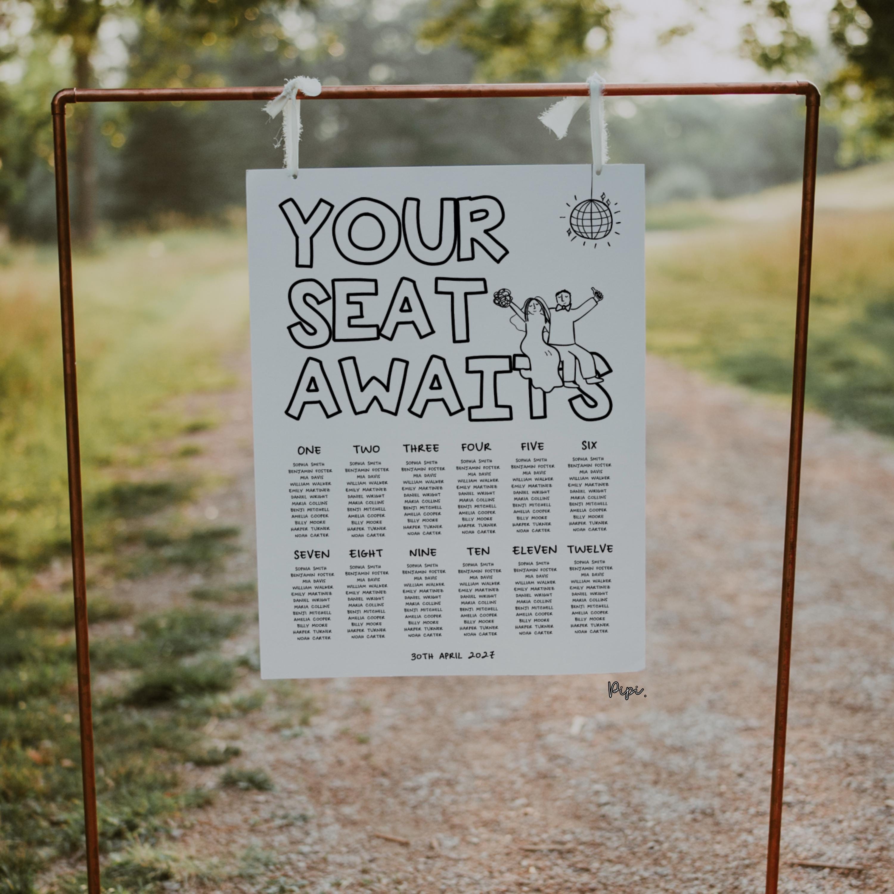 Wedding Seating Chart Template Fun Hand Drawn Champagne Tower Cute ...
