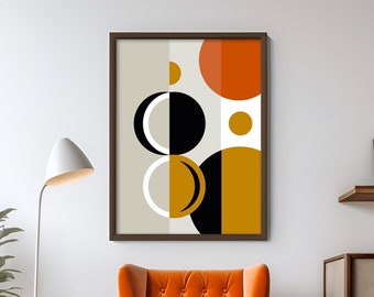 Mid Century Modern Circular Geometric Abstract Wall Art featuring Orange, Yellow and Beige colors, Digital Print