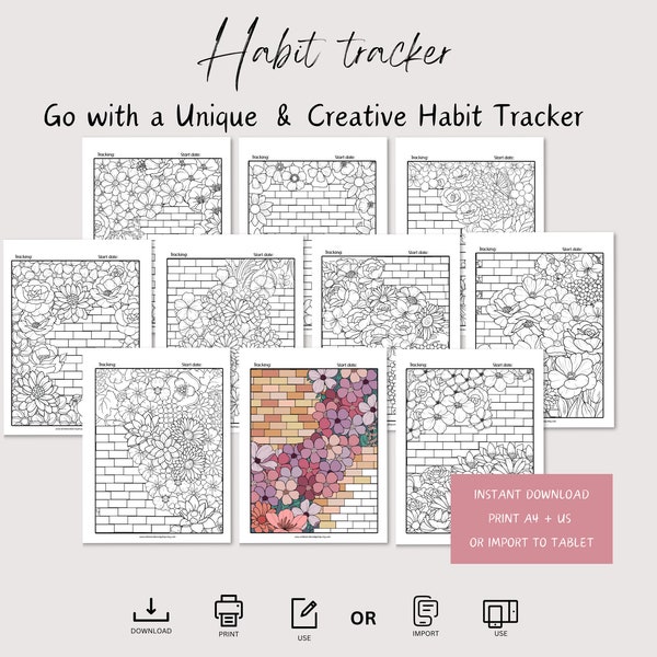 Tracker printable, habit tracker, flower coloring, habit tracker coloring, self-care gift, self-care tracker, adult coloring, PDF Download