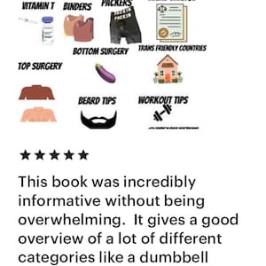 May include: Image with text: "GET THE SUPPORT YOU NEED FOR TRANSITIONING TO FTM, TRANSMASC. GET OUR GUIDED EBOOK NOW £15." Includes illustrations of medical supplies, clothing, and legal documents. Also includes a book review.