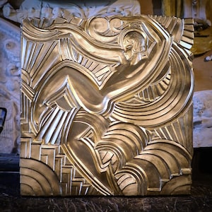 Art Deco bas-relief after Maurice Picaud | Folies Bergere dancer wall decoration, decorative wall sculpture artwork, gold wall decoration