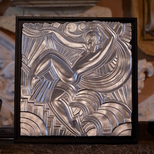 Silver bas-relief wall sculpture in Art Deco style after Maurice Picaud - Folies Bergere dancer wall object, unique 3D wall art