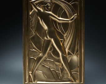 Art Deco bas-relief wall sculpture, golden wall decoration after Rene Paul Chambellan, architectural wall art New York