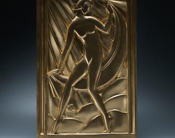 Art Deco sculpture ‘Manhattan Goddess’ bas-relief after Rene Paul Chambellan, architectural wall art Bonwit Teller New York