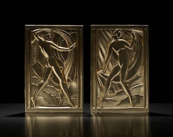 Bas-relief Art Deco set of gold wall art after Rene Paul Chambellan ‘Manhattan Goddess Dancing in the Winds’, Bonwit Teller