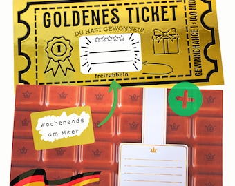 Rubbelgutschein - Goldenes Ticket + Schokoladenumschlag - Hochwertiges Geschenk - personalisierbarer Gutschein, individuell, kreativ, Gold
