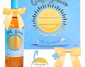 Rubbelgutschein auf Flaschenetikett inkl. Goldschleife für Weinflasche/Sektflasche – hochwertiges Geschenk – personalisierbar, Goldlack
