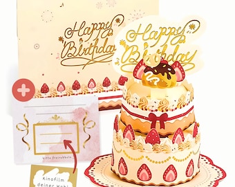 Popup Torte + Rubbelgutschein + Umschlag - hochwertiges Geschenk – personalisierbare Klappkarte zum selbstgestalten, Kuchen, 3D, Goldlack