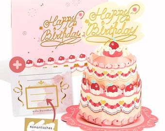 Popup Torte + Rubbelgutschein + Umschlag - hochwertiges Geschenk – personalisierbare Klappkarte zum selbstgestalten, Kuchen, 3D, Goldlack