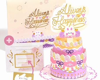 Popup Torte + Rubbelgutschein + Umschlag - hochwertiges Geschenk – personalisierbare Klappkarte zum selbstgestalten, Kuchen, 3D, Goldlack