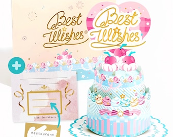Popup Torte + Rubbelgutschein + Umschlag - hochwertiges Geschenk – personalisierbare Klappkarte zum selbstgestalten, Kuchen, 3D, Goldlack