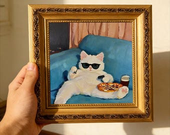 Hand-painted Oil Painting, Cozy Cat Art, Framed Wall Decor, Lazy White Cat with Pizza & Sunglasse