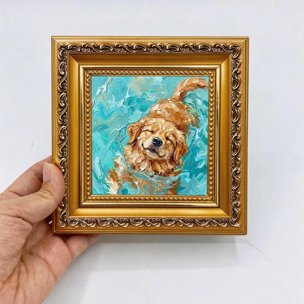Swimming Golden Retriever Happy Water Impasto Oil Painting, Ornate Gold Framed Small Square Wall Art,  Canvas Decor