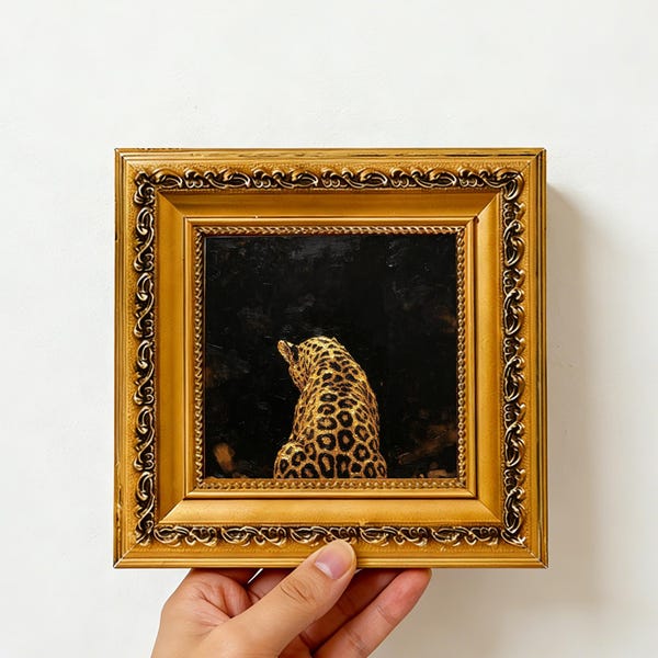 Back View Golden Leopard Impasto Oil Painting, Ornate Carved Gold Framed Small Square Wall Art,  Canvas Decor