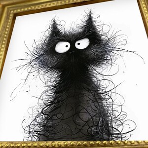 Messy Fluffy Black Cat Sketch Framed Mini Art, Funny Grumpy Kitten Drawing, Vintage Gold Frame Desk Wall Decor, Unique Gift for Cat Lover