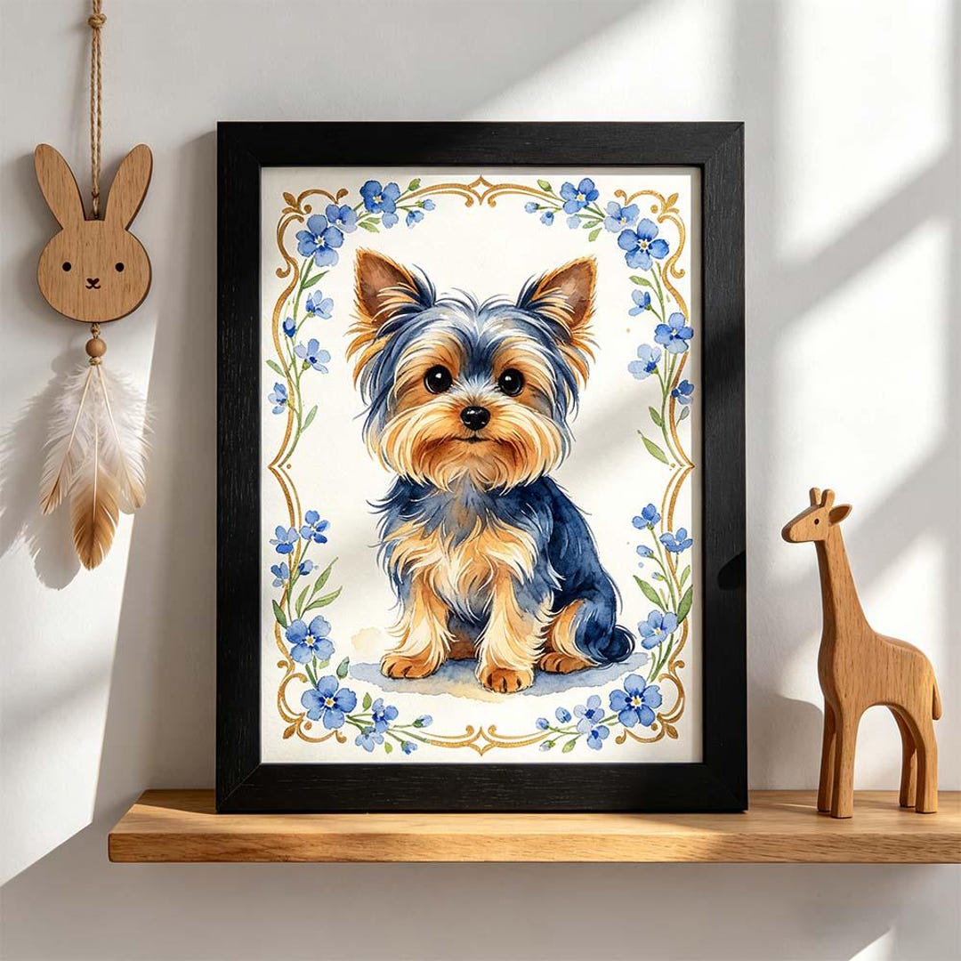 Personalized Yorkshire Terrier Watercolor, Custom Floral Framed Dog ...