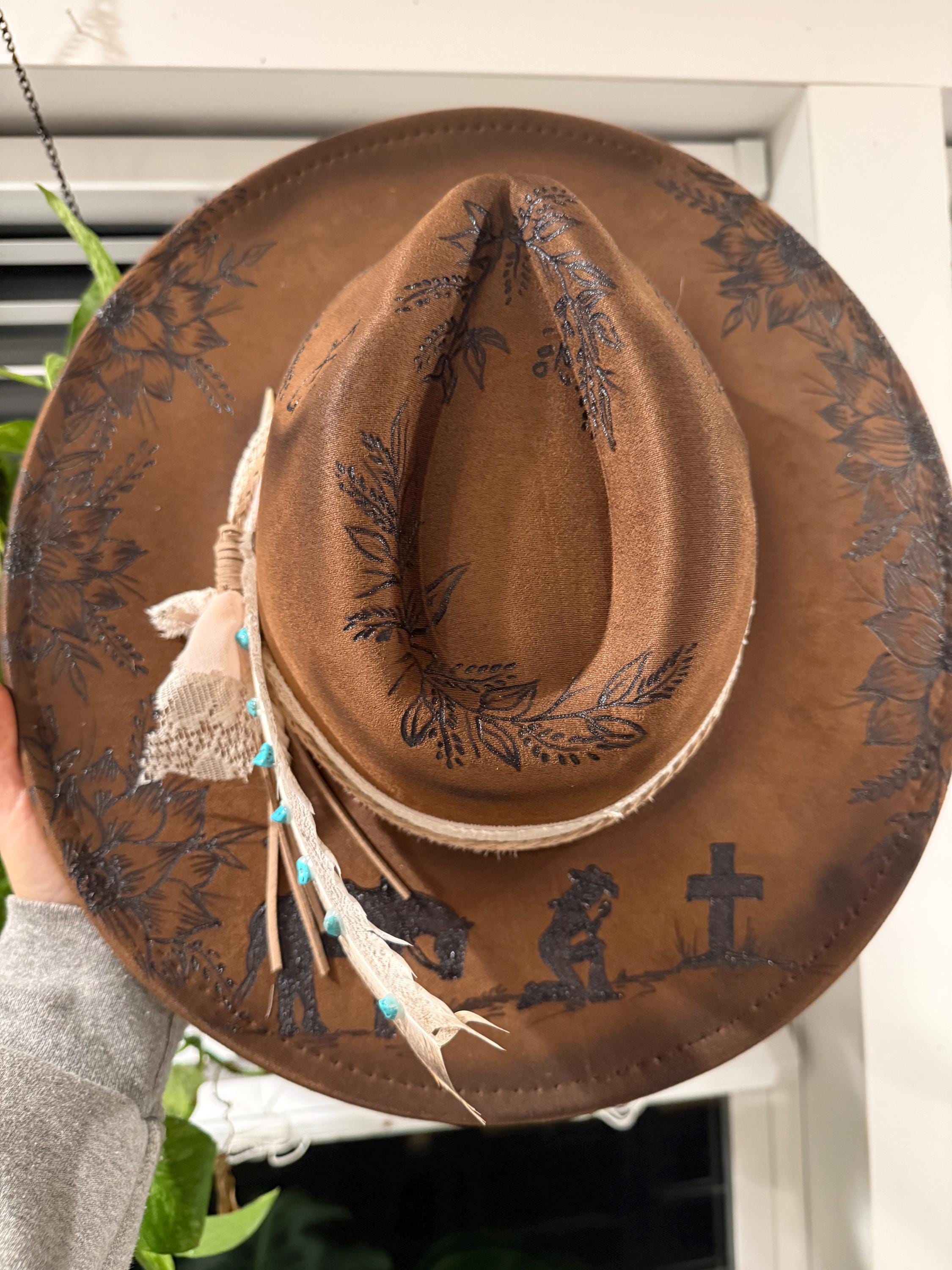 Custom burned cowgirl tan suede Wide Brim Hat with Lace Band Customizable Burned Wide Brim Suede Hat & Custom Hat Band - Etsy main image 4