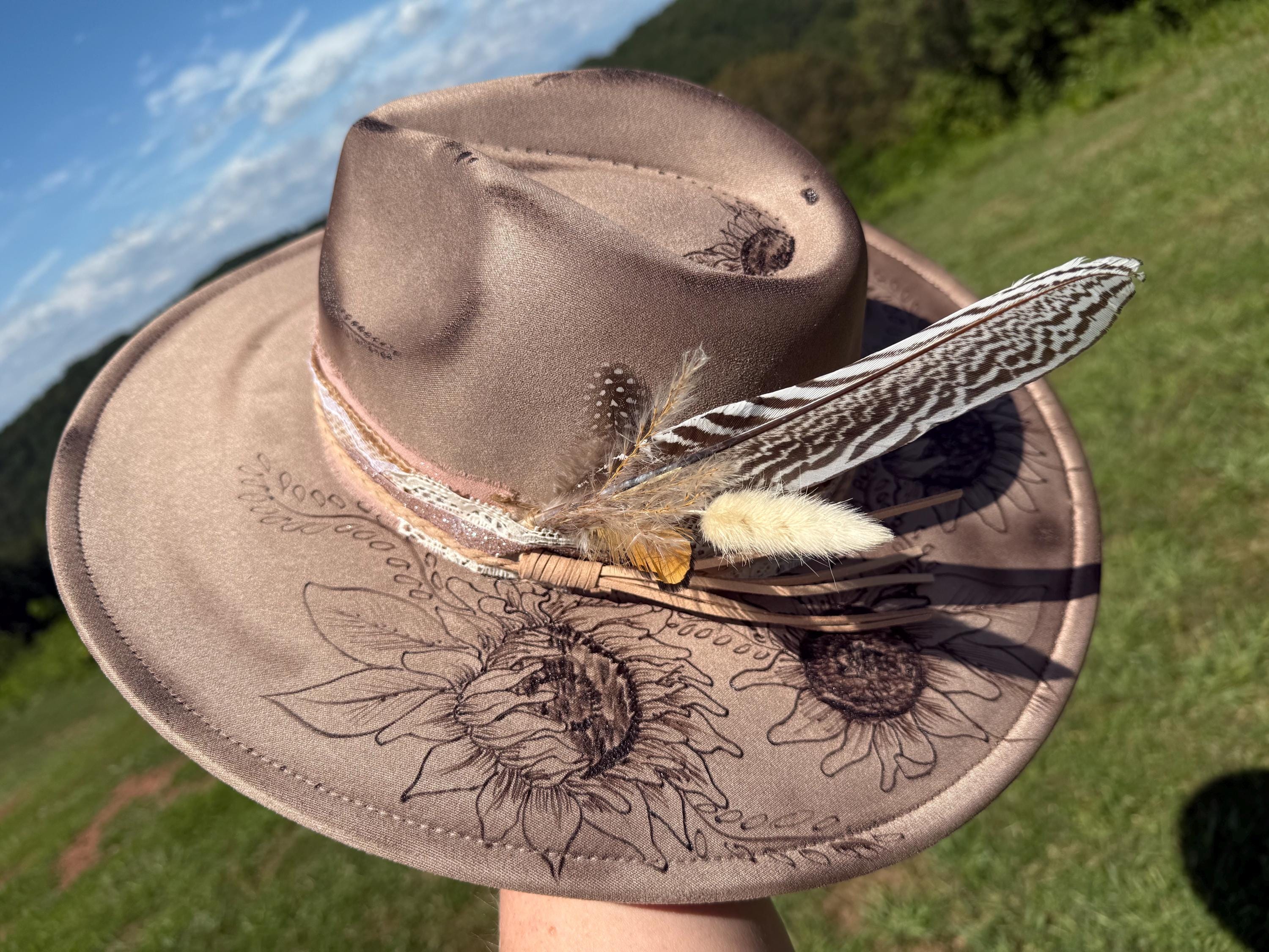 Custom burned cowgirl tan suede Wide Brim Hat with Lace Band Customizable Burned Wide Brim Suede Hat & Custom Hat Band - Etsy main image 2