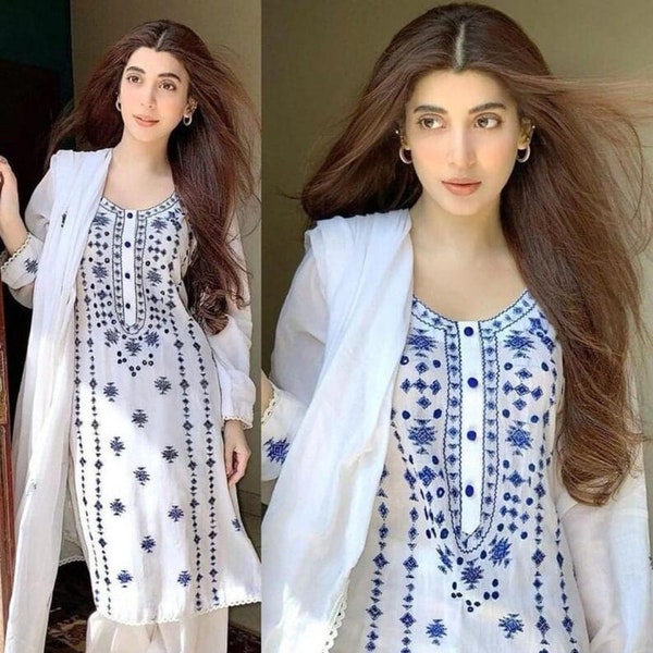 Women Ethnic Straight Kurti Pant Dupatta 3 Piece Combo Designer Pakistani Salwar Kameez Readymade Partywear Dress