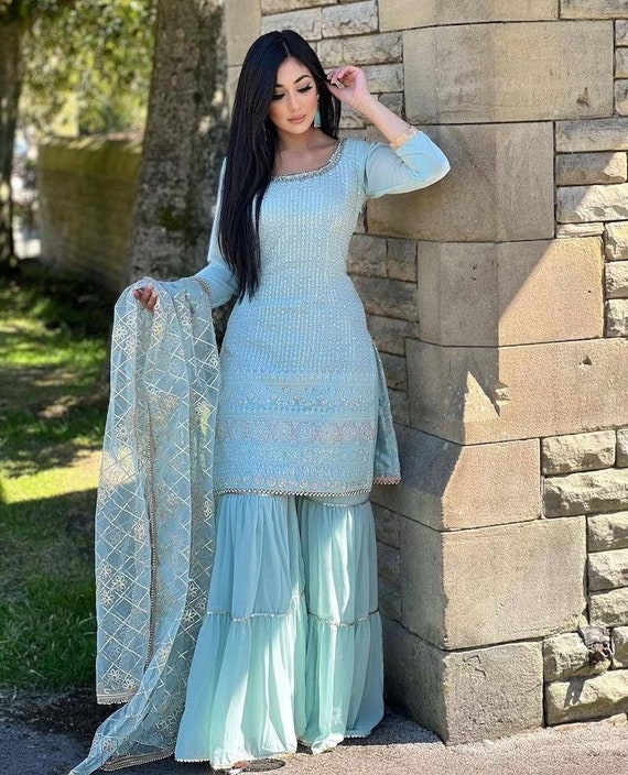 New Designer Beautiful Sky Blue Partywear Straight Kurta Sharara