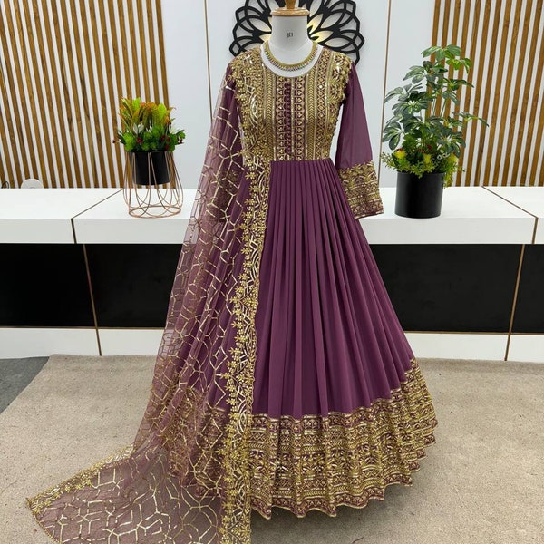 Indian Embroidered Designer Georgette Gown with Dupatta, Partywear Work Long Flared Anarkali Kurta 3 piece Set Readymade, Dresses for EID