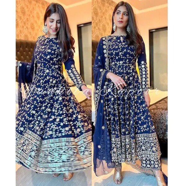 Pakistanische bestickte Designer Georgette Kleid mit Dupatta, Partywear Arbeit lange ausgestellte Anarkali Kurta 3-teiliges Set Readymade, Kleider für EID