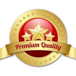 May include: A gold emblem with a red centre, featuring three gold stars. The emblem is encircled by small gold stars and a gold ribbon with the words "Premium Quality" in red.