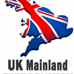 May include: A graphic of the UK mainland in the style of the Union Jack flag, in red, white, and blue. Below the map, the text reads "UK Mainland FREE DELIVERY" in bold, black lettering.