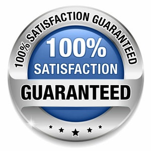 May include: A circular badge in silver and blue, displaying the text "100% Satisfaction Guaranteed." The text is in white and black, with a blue centre and a silver border. Five black stars are at the bottom.